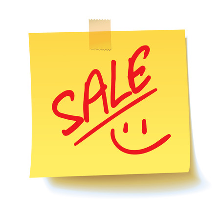 Sale on the sticker. Handwritten inscription. Realistic vector illustration. Isolated on white background.のイラスト素材