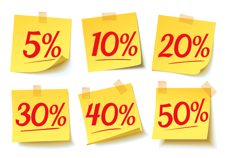Discount percent tag set. Discount price off and sales. Sale on yellow sticker. Shopping and low price symbols. Vector illustration, isolated on white background.のイラスト素材