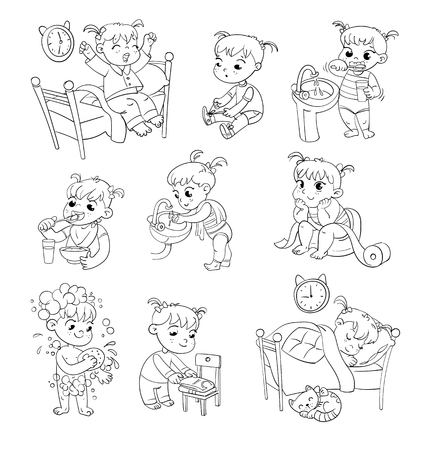 Daily routine activities. Baby sitting children's pot. Girl brushing her teeth. Hand washing. Girl washes her hands. Child taking shower. Wake up in morning. Funny cartoon character.のイラスト素材