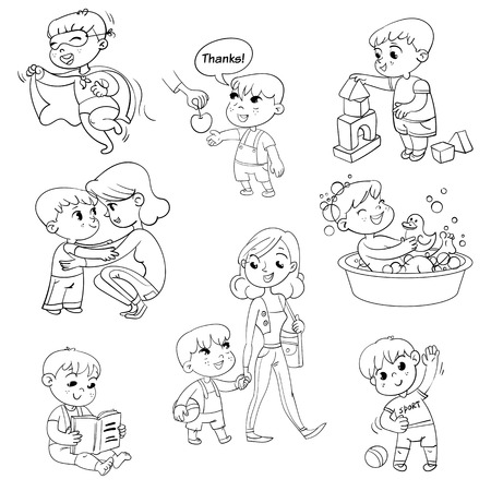 Cartoon kid daily routine activities set. Boy goes for a walk with mom. Kid with Speech say thank you. Child takes a bath. Reading a book. Boy doing exercises. Funny cartoon character.のイラスト素材