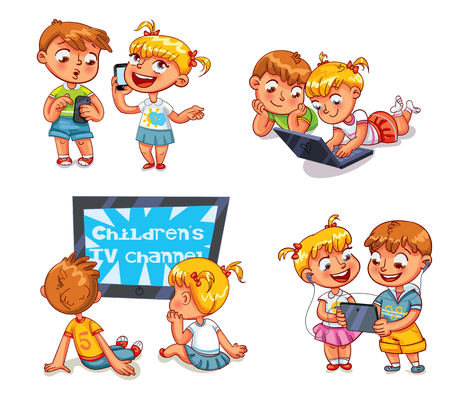 Kids talking on the phone. Boy is getting SMS. Children watching TV. Brother and sister with laptop. Children play on tablet.のイラスト素材