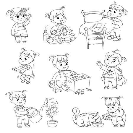 Daily routine. Child is combing his hair. Girl washes dishes. Kid is putting his toys in a box. Child making bed. Girl himself clothes. Girl doing fitness exercise. Baby feeding pet.のイラスト素材