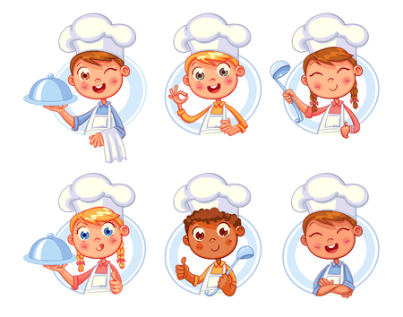 Collection of cook chef portraits in different situations. Child in a cook's cap and with a towel, holds a ladle. Kid makes gesture ok, holding dish with food. icon design template for baby food.のイラスト素材
