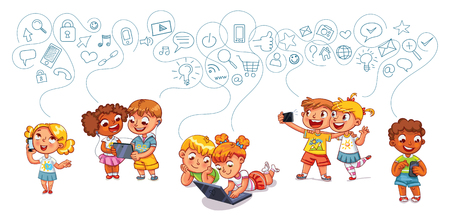 Kids talking on the phone. Boy is getting SMS. Boy and girl with laptop.のイラスト素材