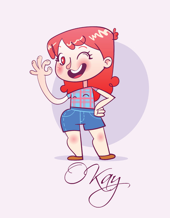 Cartoon happy girl showing ok gesture. Funny cartoon character. Vector illustration.のイラスト素材