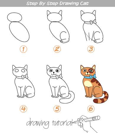 Drawing tutorial. Step by step drawing a cat. Easy to drawing cat for children. Funny cartoon character illustration.のイラスト素材