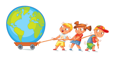 Kids pulling wagon with a globe.のイラスト素材