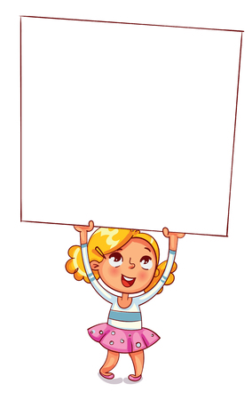 A little girl raised a large advertising poster over her head.のイラスト素材