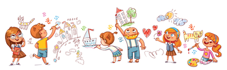 Cute kids paint drawings on the wall.のイラスト素材