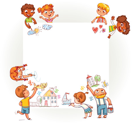 Different kids draw on large poster.のイラスト素材