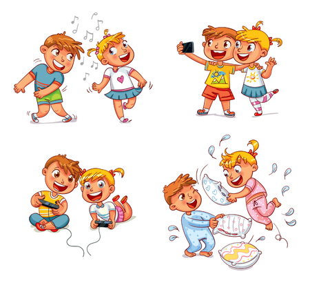 Kids to make self portrait together with mobile device in hand.のイラスト素材