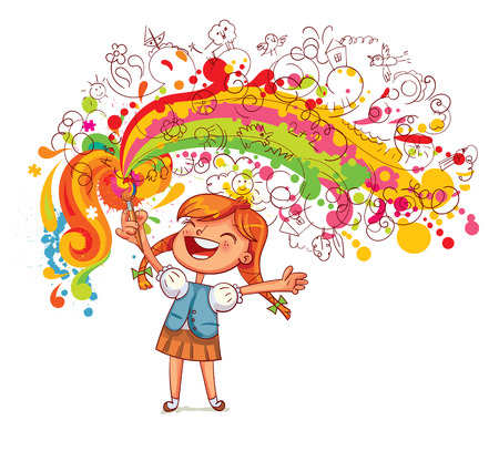 The girl draws large blobs with brush.のイラスト素材