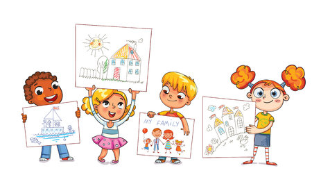 Cute kids show their drawings drawn.のイラスト素材