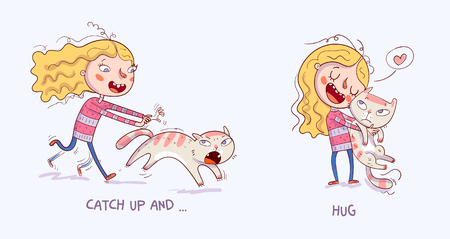 Cartoon girl playing with her pet.のイラスト素材