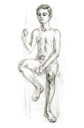 Academic figure drawing of a young guy. Hand-drawing in pencilの写真素材