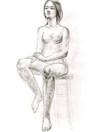 Academic figure drawing of a young girl. Hand-drawing in pencilの写真素材