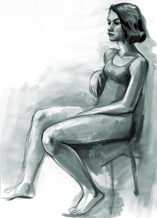 Sketch of a female figure. Hand-drawing in gouacheの写真素材