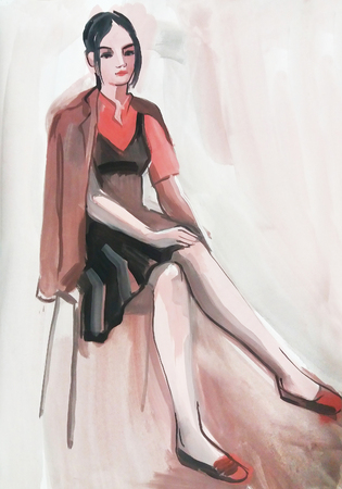 Sketch of a female figure. Hand-drawing in gouacheの写真素材
