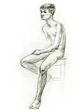 Academic figure drawing of a young guy. Hand-drawing in pencilの写真素材