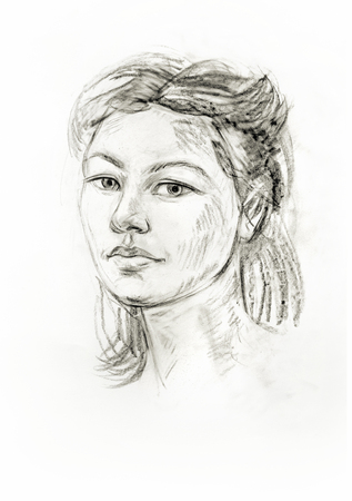 Portrait of a girl with a pencil. Hand drawnの写真素材
