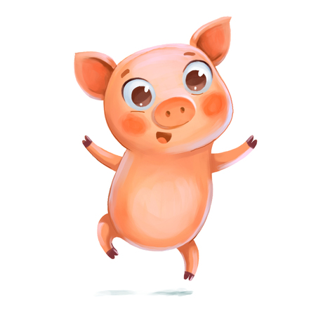 Piggy jumping having fun. Symbol of the New Year. Funny cartoon character. Isolated on white background. Hand-drawing Illustrationの写真素材