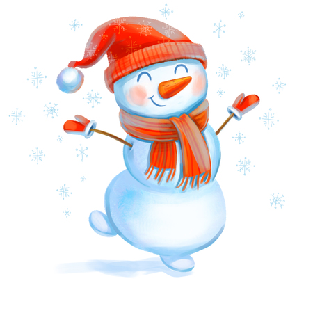Cheerful snowman. Symbol of the New Year. Funny cartoon character. Isolated on white background. Hand-drawing Illustrationの写真素材