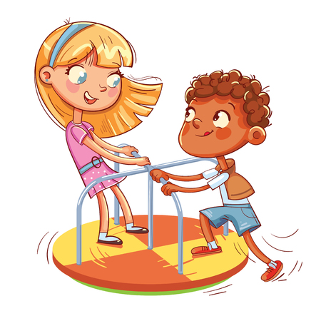 Girl and boy ride on small carousel in recreation park. Place for children's games. Amusement park. Funny cartoon character. Vector illustration. Isolated on white backgroundのイラスト素材