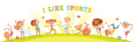 Children are engaged in different kinds of sports on nature background. Children's panorama for your design. Template for advertising brochure or web site. Funny cartoon character. Vector illustrationのイラスト素材