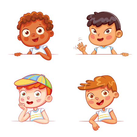 Cartoon collection of little boys portraits. Children of different nationalities and various gestures holding empty white board. Lots of copyspace for your text and logo. Place for text. Blank banner.のイラスト素材