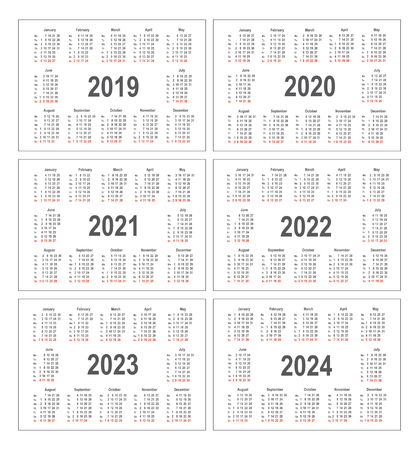 Simple calendar for 2019, 2020, 2021, 2022, 2023 and 2024 years. Pocket horizontal calendars. Week starts from Mondayのイラスト素材