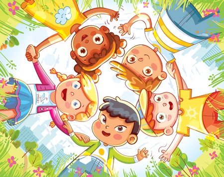 Friendship day. Below view of happy children embracing each other and smiling at camera. Group of happy children waving at the camera. Funny cartoon character. Vector illustrationのイラスト素材