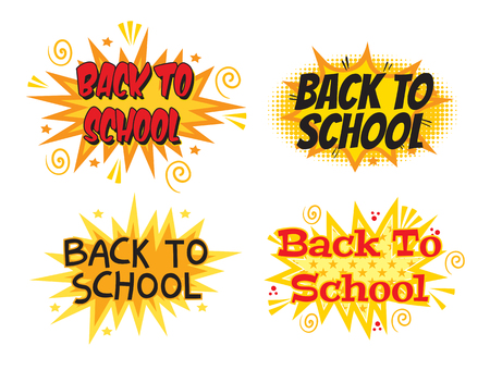 Inscription Back to school. Explosion with comic style. Set. Vector illustration. Isolated on white backgroundのイラスト素材