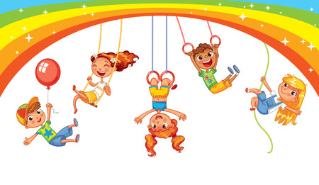 Children have fun on the rides. Amusement park. Playground. Kid weighs on the rings upside down. Climbing up along the rope. Swinging on swing. Vector illustration. Isolated on white backgroundのイラスト素材