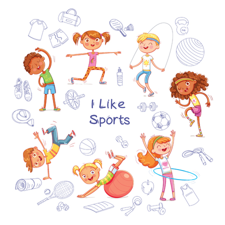 Fitness. Children are engaged in different kinds of sports on the background of various sports equipment. Funny cartoon character. Sports items on a sheet of exercise book. Isolated white backgroundのイラスト素材