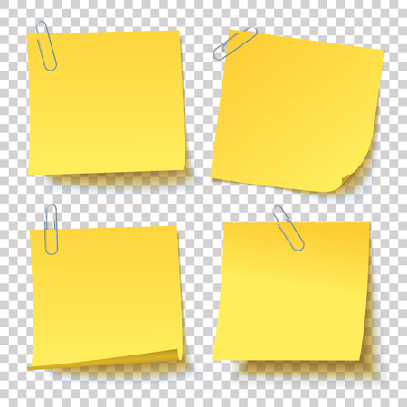 Collection of different yellow sticker paper clip attached with curled corner, ready for your message. Realistic vector illustration with a transparent shadow. Isolated background. Front view. Setのイラスト素材
