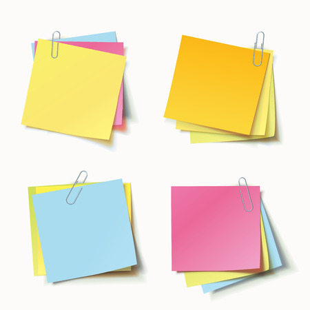 Stack of colored stickers attached metal paper clip with curled corner, ready for your message. Set of color stickers isolated on white background. Vector illustration. Front view. Top view. Close up.のイラスト素材