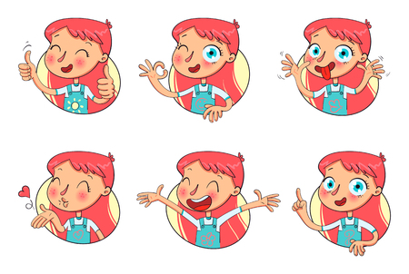 Girl in different situations. Emotions on face. Funny grimace, shows tongue, thumbs up, air kiss, sign of okay, hands up. Funny cartoon character. Vector illustration. Isolated on white backgroundのイラスト素材