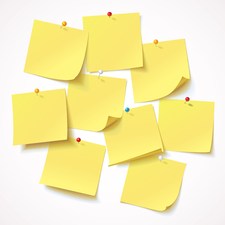 Big collection yellow sticker pinned pushbutton with curled corner, ready for your message. Vector illustration. Isolated on white background. Front view. Top view. Close up. Setのイラスト素材
