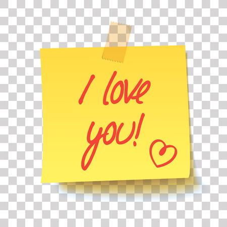 Yellow sticky note with text - I love you! Handwritten inscription. Realistic vector illustrationのイラスト素材
