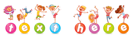 Children are balancing on big balls. Happy multiracial children jumping and dancing on the inscription text here. Vector illustration for banner, poster, website, invitation. Funny cartoon characterのイラスト素材