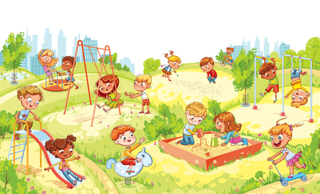 Children's entertainment complex with swing, sandbox, carousel and slides in recreation park. Children playing in playground. Kids zone. Place for games. Funny cartoon characters. Vector illustrationのイラスト素材