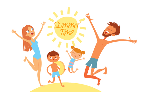 Summer time. Young family on vacation. Have fun jumping on sea beach. Flat style. Funny cartoon character. Vector illustrationのイラスト素材