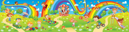 Children playing in playground. Kids zone. Place for games. Funny cartoon characters. Children slide down on a rainbow. Amusement park rides. Vector illustration. Seamless panorama