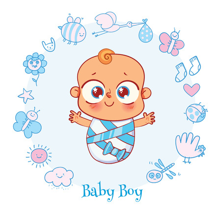 Welcome baby. Invite Greeting card it is a boy. Happy birthday, holiday, baby shower celebration greeting and invitation card. Funny cartoon colorful character. Vector illustrationのイラスト素材