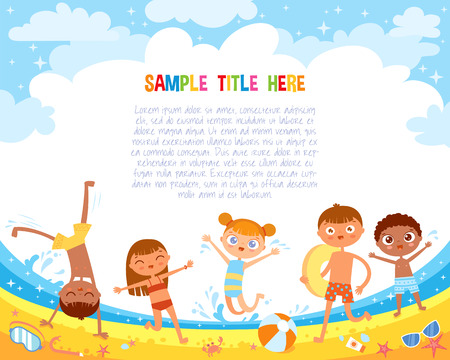 Kids have fun jumping on the beach. Flat style. Template for advertising brochure. Ready for your message. Funny cartoon character. Vector illustrationのイラスト素材
