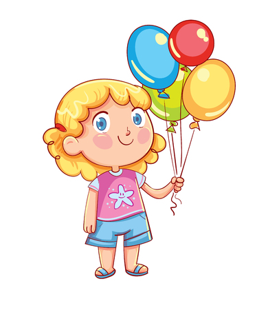 Little cute girl holding colorful balloons in their hands. Funny cartoon character. Vector illustration. Isolated on white backgroundのイラスト素材