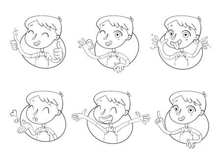 Boy in different situations. Emotions on face. Funny grimace, shows tongue, thumbs up, air kiss, sign of okay, hands up. Funny cartoon character. Vector illustration. Monochrome Logo Design templateのイラスト素材