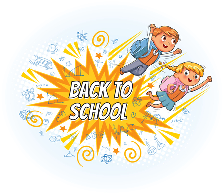 Superhero kids fly to school. Inscription Back to school. Explosion with comic style. Funny cartoon character. Vector illustration. Isolated on white backgroundのイラスト素材