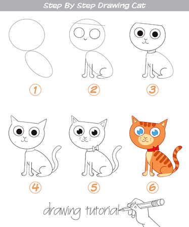 Drawing tutorial. Step by step drawing Cat. Easy to drawing Cat for Children. Funny cartoon character. Vector illustration