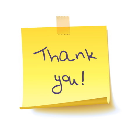 Yellow sticky note with text "Thank you!". Handwritten inscription. Realistic vector illustration. Isolated on white backgroundのイラスト素材